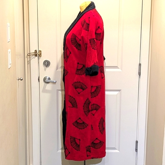 EUC Vintage Diamond Tea L Red and Black Fan Print Bath Robe - SEE SIZE NOTES - Picture 4 of 7